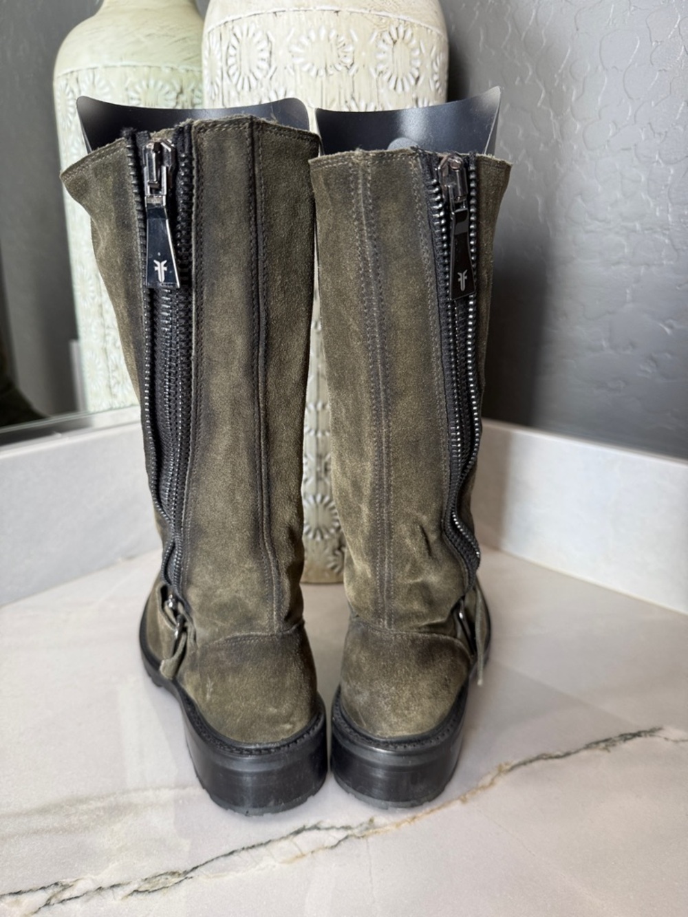 FRYE BOOTS Olive Suede Mid-Calf Zip Buckle Boots - Women 7.5 - Picture 4 of 10